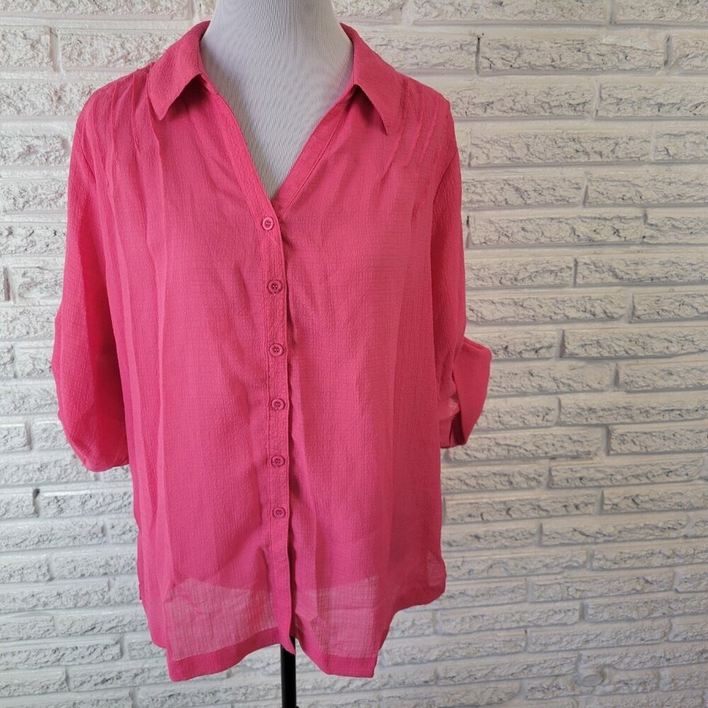 Koret Women Top XL Pink 3/4 Roll Tab Sleeve Collared Pintuck Sheer Blouse PIN66E